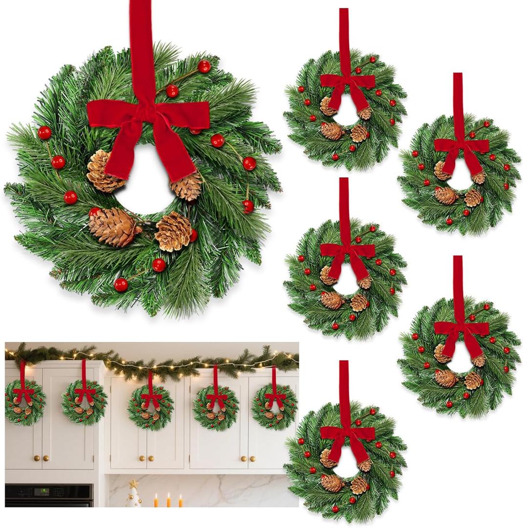 6 Pcs Mini Christmas Wreath for Cabinets Kitchen, 12 Inch Small Christmas Wreaths with Lifelike Norfolk Pine Aspen Fir Tips Cones Red Berry Bow Xmas Door Wreath for Front Door Porch Wall Window Indoor