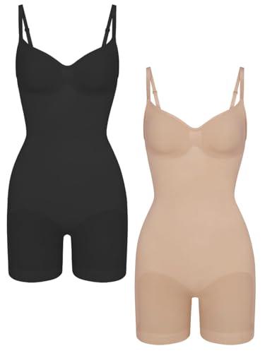EUYZOU 2PK Shapewear Bodysuit for Women Tummy Control Seamless Sculpting Body Shaper Top- Black/Skin XS/S