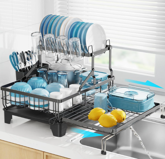 GSlife Large Dish Drying Rack 2 Tier, Expandable Kitchen Dish Drainer for Pots and Pans, 360° Swivel Spout, RustResistant Metal Dish Rack with Utensil & Cup Holder, 16.9" W x 14.4"22.4" L, Black