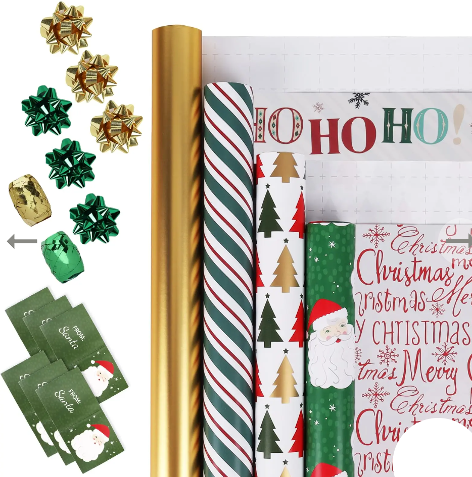 LaRibbons Christmas Wrapping Paper Set, Classic Santa & Stripe Design with Gift Bow & Ribbons & Tags, Perfect for Holiday, Party, Xmas Celebration,30 Inch X 10 Feet (4Rolls, 100 sq.ft.ttl.)