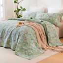 Sanracie Oversized Queen Size Quilt Bedspread Set(102"x118"), 100% Cotton Green Flower Bird Butterfly Print Botanical Quilted Bedding Set 3Pcs Lightweight Breathable Bedspreads for All Seasons
