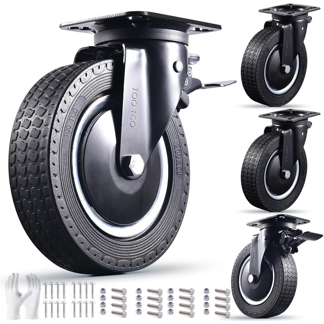 Heavy Duty 8 Inch Caster Wheels Set of 4 Industrial Swivel Locking Casters with Brake 3200 Lbs Load Capacity Rubber Wheels for Cart, Furniture, Workbench Outdoor Black Castors, Includes Bolts & Screws