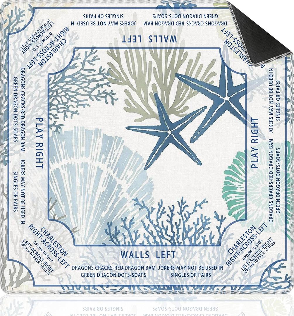Blue Coastal Beach Mahjong Mat with Rules for Table 31.5x31.5, Gifts for Mahjong Players, Nautical Starfish Coral Non-Slip Noise Reduction Mahjong Table Mat, Blue Beach Gifts Decor for Women, 31.5 inches x 31.5 inches x 0.1 inches