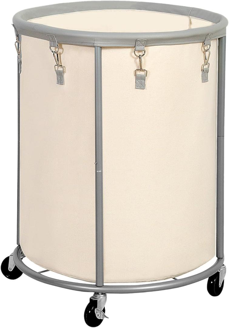 STO STO Rolling Laundry Hamper with Wheels  185L (48 Gallon) Extra Large Industrial Clothes Laundry Basket with Removable Bag, Round Cart Sorter for Bedroom, Hotel, Beige & Gray