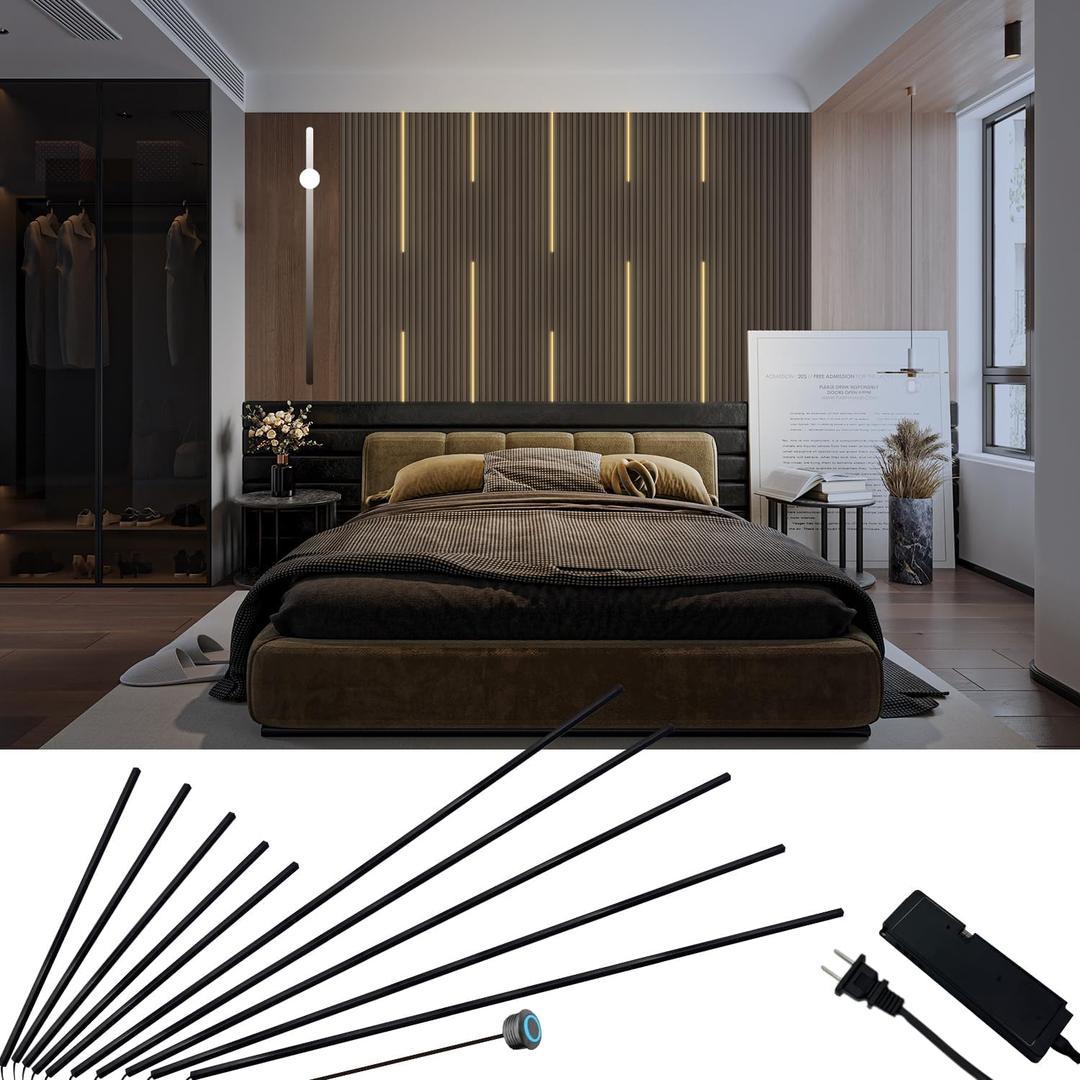 HAMRVL Black Wall Panel Lights - 10pcs 3000K Warm White Slat Wall Lights with Touch Control, Dimmable Self-Adhesive LED Recessed Lighting for Wood Slat Wall Panel, Media Wall, Bedroom, Living Room, 19.7in39.4in/10 Pack