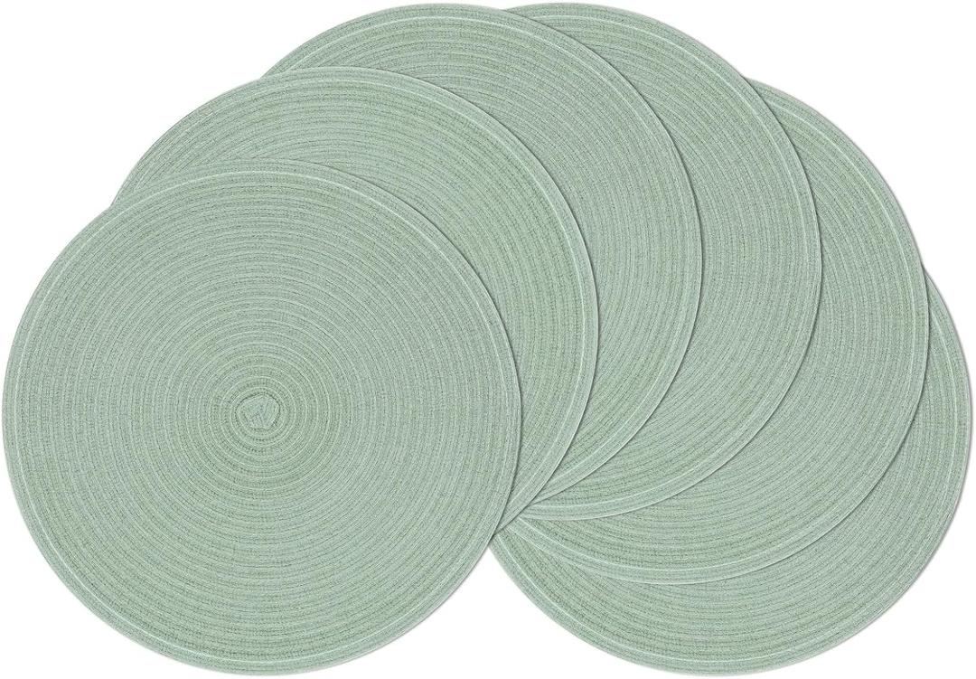 SHACOS Round Placemats Set of 6 Washable 15 inch Cotton Polyester Table Mats Woven Braided Place Mats for Dining Table, Sage Green