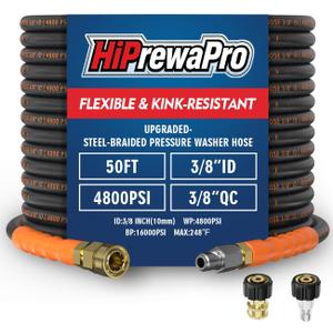 3/8" ID Pressure Washer Hose 50 ft, 4800 PSI Steel-Braided & Durable - Flexible & Kink-Resistant, Power Washer Hose with Swivel Quick Connect & M22-14mm Adapter, Hot/Cold Water Compatible (Black)