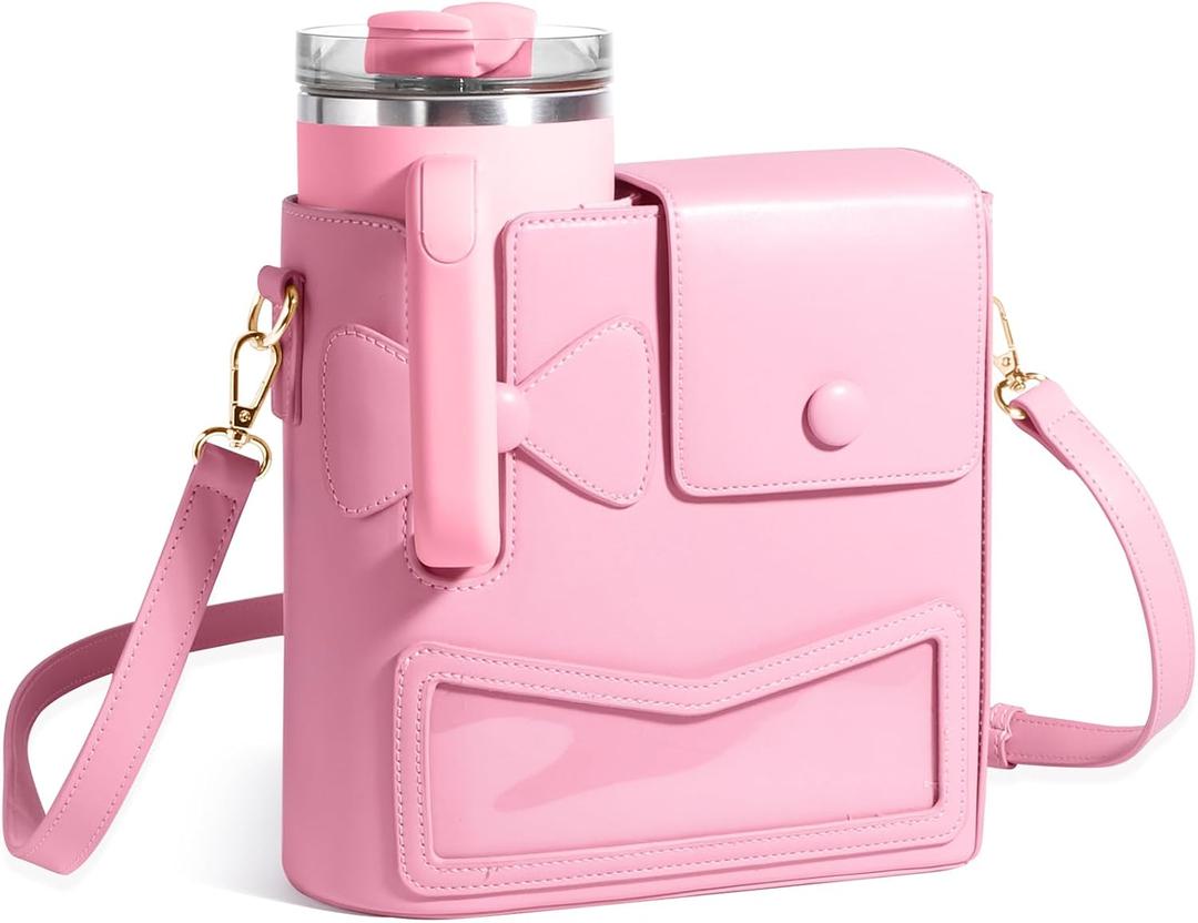 Crossbody Bag for Stanley Cup Purse, Outdoor Portable Water Bottle Holder with Adjustable Shoulder Strap (Pink)