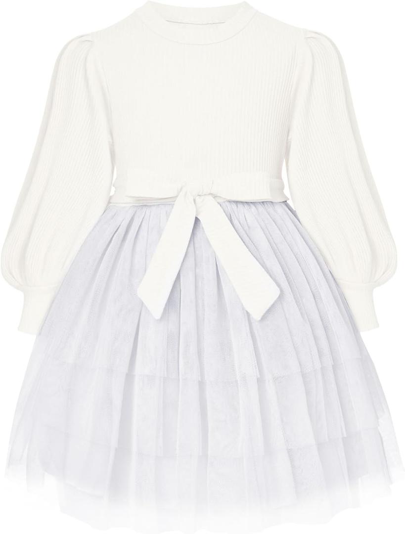 Toddler White Tulle Dresses, Size 3T-4T Tutu Long Sleeve Cotton Dresses Kids Children Autumn Princess Skirt Birthday Party Clothes