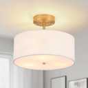 Febeleven 3-Light Semi Flush Mount Ceiling Light Modern Gold Drum Light Fixtures with White Fabric Cover Shade Round Chandelier for Bedroom Living Room Kitchen and Hallway