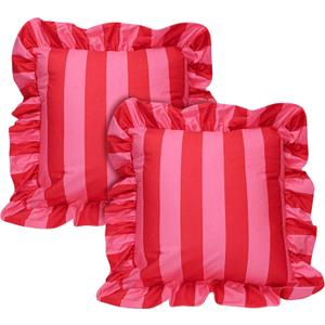 Set of 2 Striped Ruffle Pillow Covers 18x18 Inches, Decorative Throw Square Cushion Cases for Couch, Sofa Living Room Decor, Boho Wrinkle Resistant Shams with Envelope Closure, Polyester (Red)
