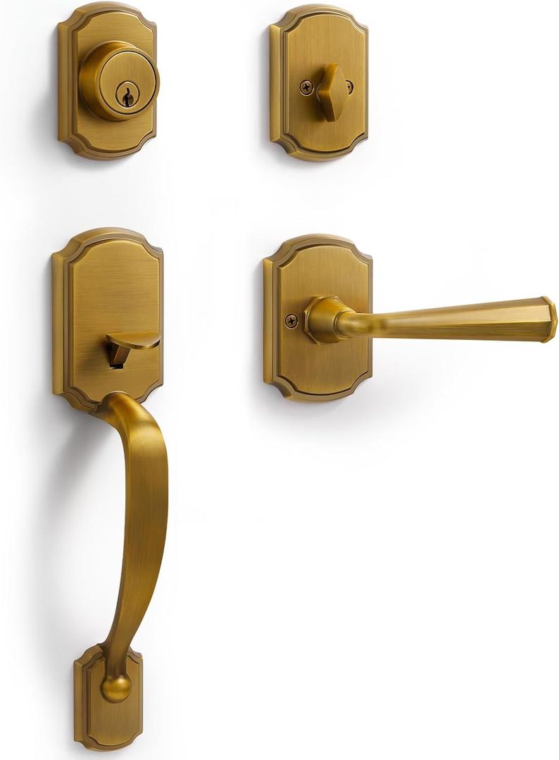SORWDUERM 1 Pack Antique Brass Front Door Handle and Deadbolt Set Reversible Lever Entry Handleset with Lock and Key Single Cylinder