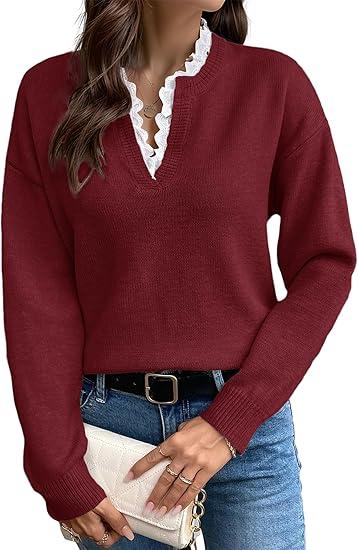 V Neck Sweaters for Women, Long Sleeve Lace Trim Knit Sweater Fall Casual Lightweight Pullover Top M Wine Red, M