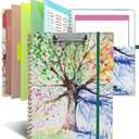 Clipboard Folio with Notepad for Letter Size (11" x 8.5"), 5 Extra Folders with Storage 10 Pockets, 39 File Folder Labels, Elastic Closure Spiral Clipboard with Storage(Tree Seasons)