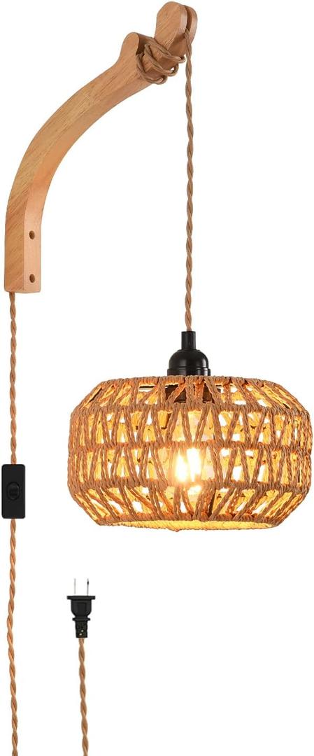 Plug in Wall Sconce,Farmhouse Wicker Wall Lamp Plug in,Hand Woven Rattan Wall Light Farmhouse Rustic Boho Sconces Wall Lighting for Living Room Bedroom (1 PACK)