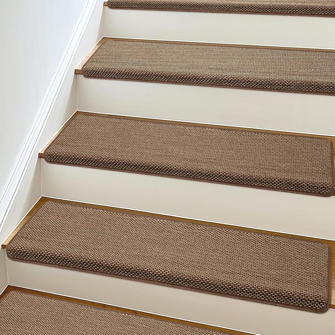 SMILOOL Bullnose Carpet Stair Treads Non Slip for Wooden Steps Indoor, 9.5" x 35" 2 Pieces, Extra Wide Bull Nose Carpet Runners for Wood Stairs, Step Covers, Stair Tread Rugs, Washable, Brown