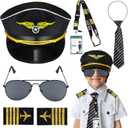 Keymall Kids Pilot Costume Accessories Set With Aviator Hat Sunglasses Tie Pin for Aviation Halloween Dress Up