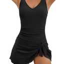 Aidonger One Piece Swim Dress Swimsuits for Women Tummy Control Swimdress Skirt V Neck Bathing Suit, Black, XL