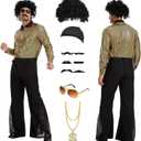 70s Disco Costume for Men 6 Pcs Shirt Bell-Bottom Pants Wigs Sunglasses Necklace Shirts for Disco Party (Golden, M)