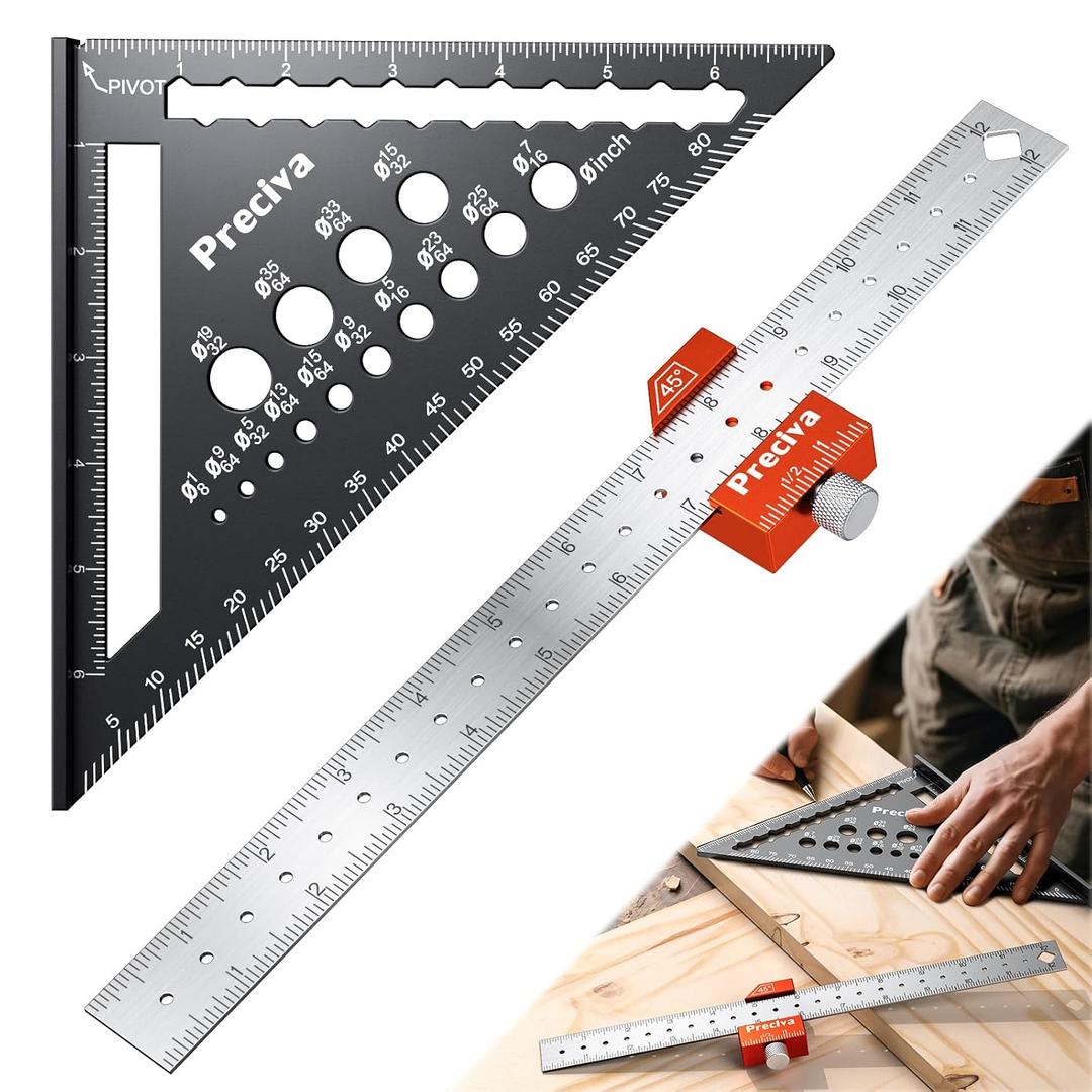 Preciva 2 PCS Aluminum Alloy Carpenter Square Set - 12" Magnetic Combination Square & 7” Rafter Square with Drill Guide | 5-in-1 Layout Tool for Woodworking Framing and DIY