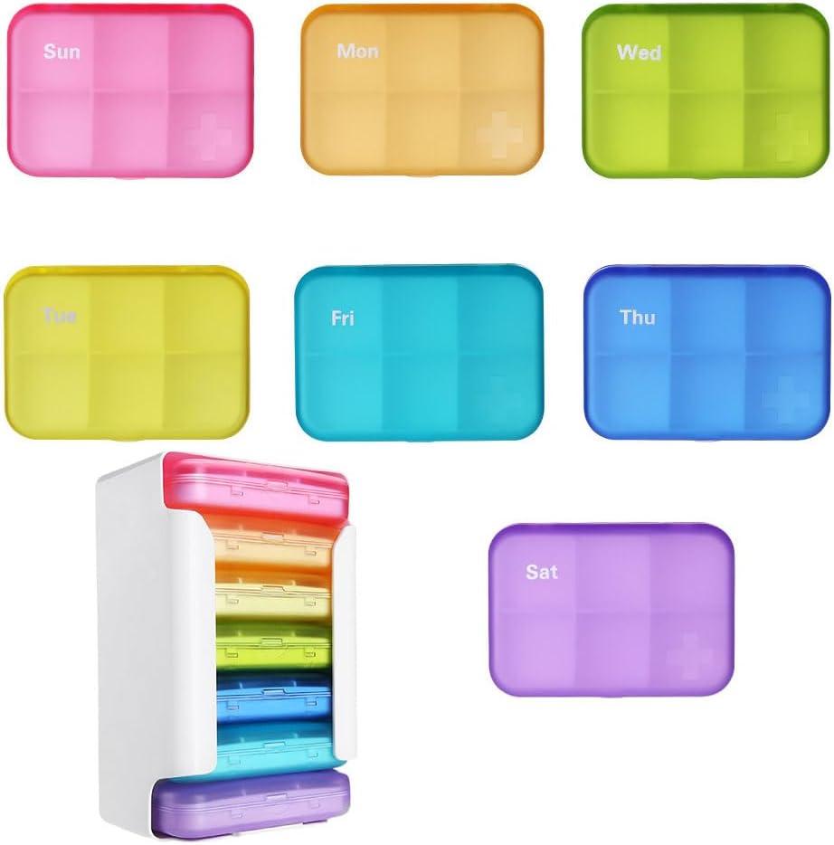 7 Piece Set Pill Organizer 6 Times a Day, Weekly Pill Case, Pill Organizer with Labels, Travel Pill Dispenser 7 Day with 42 Compartments for Medication/Vitamin/Fish Oil/Supplements - Rainbow Colors