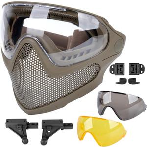 ATAIRSOFT 2 Modes Airsoft Mask Full Face Tactical Safety Protective Mask Anti-Fog Goggles Set with 3 Interchangable Lens