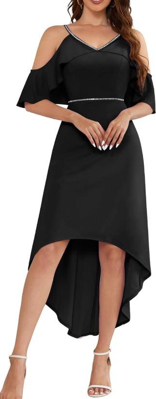 MUADRESS Women Prom Spaghetti Strap Flutter Sleeve V Neck Sparkly Midi Dress Elegant Flowy Ruffle Wedding Guest Bridesmaid Hi-Lo Dress Black L