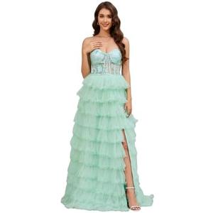NIKBK Tiered Tulle Prom Dresses Long Ball Gown A-Line Ruffle Strapless Corset Sparkly Formal Evening Dress with Slit Size L