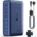 8-Port iPhone Charger Fast Charging 200W with Flat Plug, Braided Power Cord, and On/Off Switch- USB Charging Hub for iPhone, iPad, MacBook and More- 65W C Port Power Adapter for Laptops