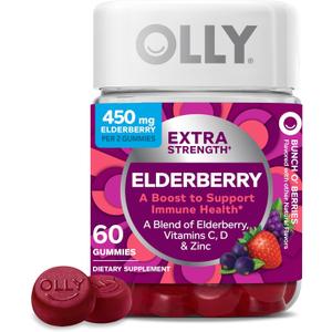 OLLY Extra Strength Elderberry Gummies, Immune Support, 450mg Elderberry, Vitamin C, D and Zinc, Berry - 60 Count