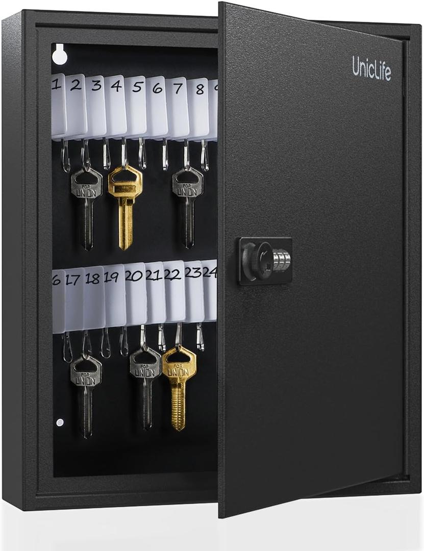 Uniclife 60 Position Slotted Key Cabinet with Combination Lock Resettable Black Digital Security Storage Box Steel Key Organizer with Slotted Racks White Key Tag Labels and Permanent Pen