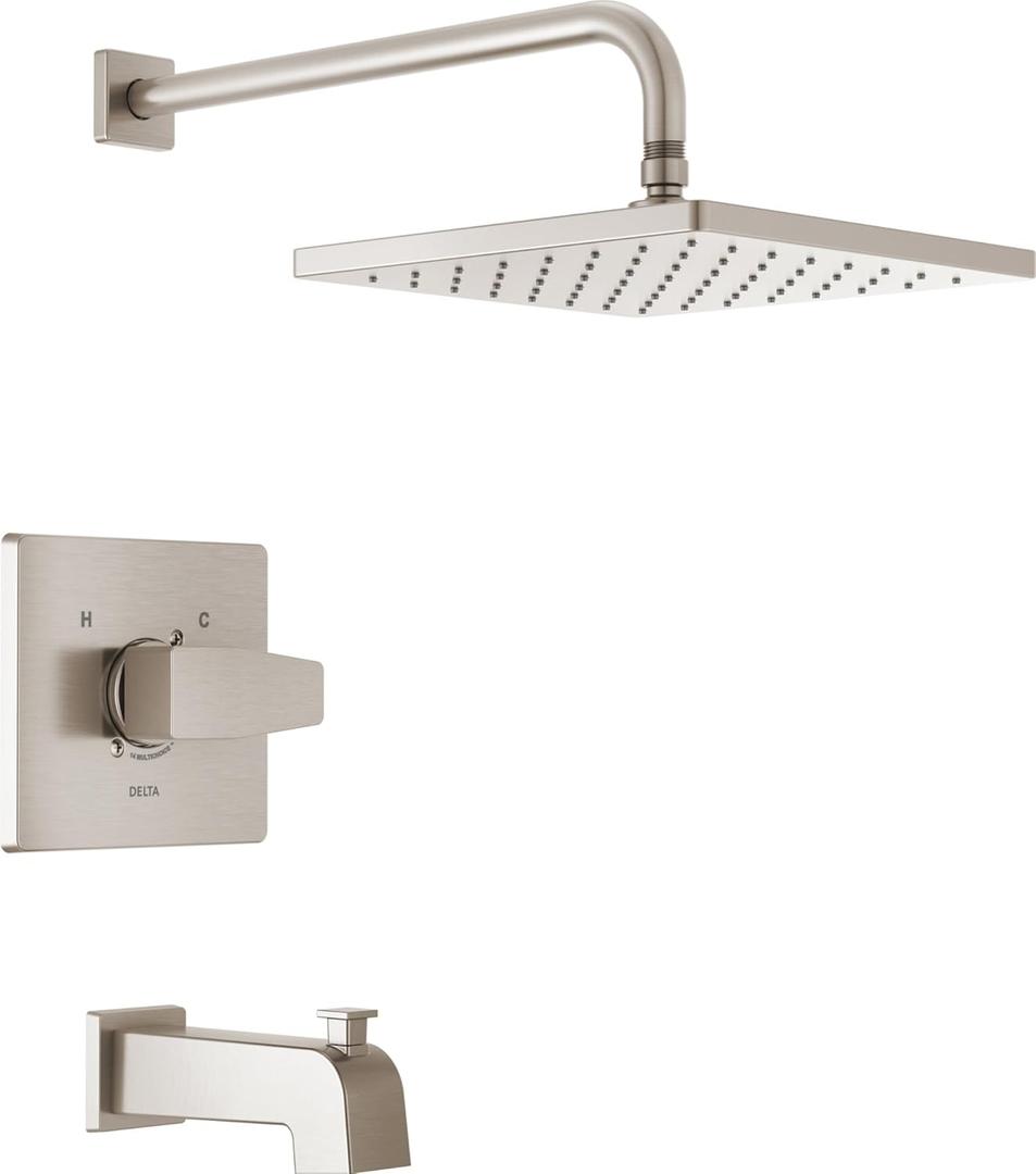 Delta Faucet Modern Raincan Square Single-Function Tub and Shower Trim Kit Brushed Nickel, Tub Faucet Set, Rainfall Shower Head, Spotshield Stainless T14468-SP-PP (Valve Not Included)