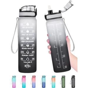 Enerbone Water Bottle, Leakproof BPA & Toxic Free, Motivational Water Bottle with Times to Drink and Straw, Fitness Sports Water Bottle with Strap for Office, Gym, Outdoor Sports