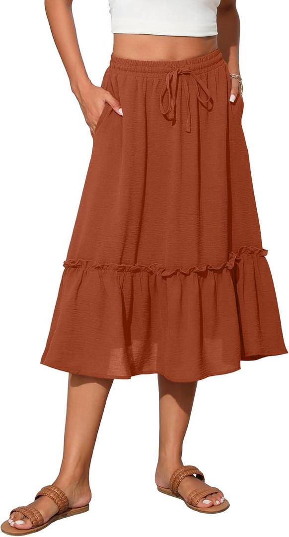 High Waist Tiered Skirts for Women Flowy Skirts for Women Below Knee with Pockets 2026 Fashion Trendy (Small, A-11 Orange)