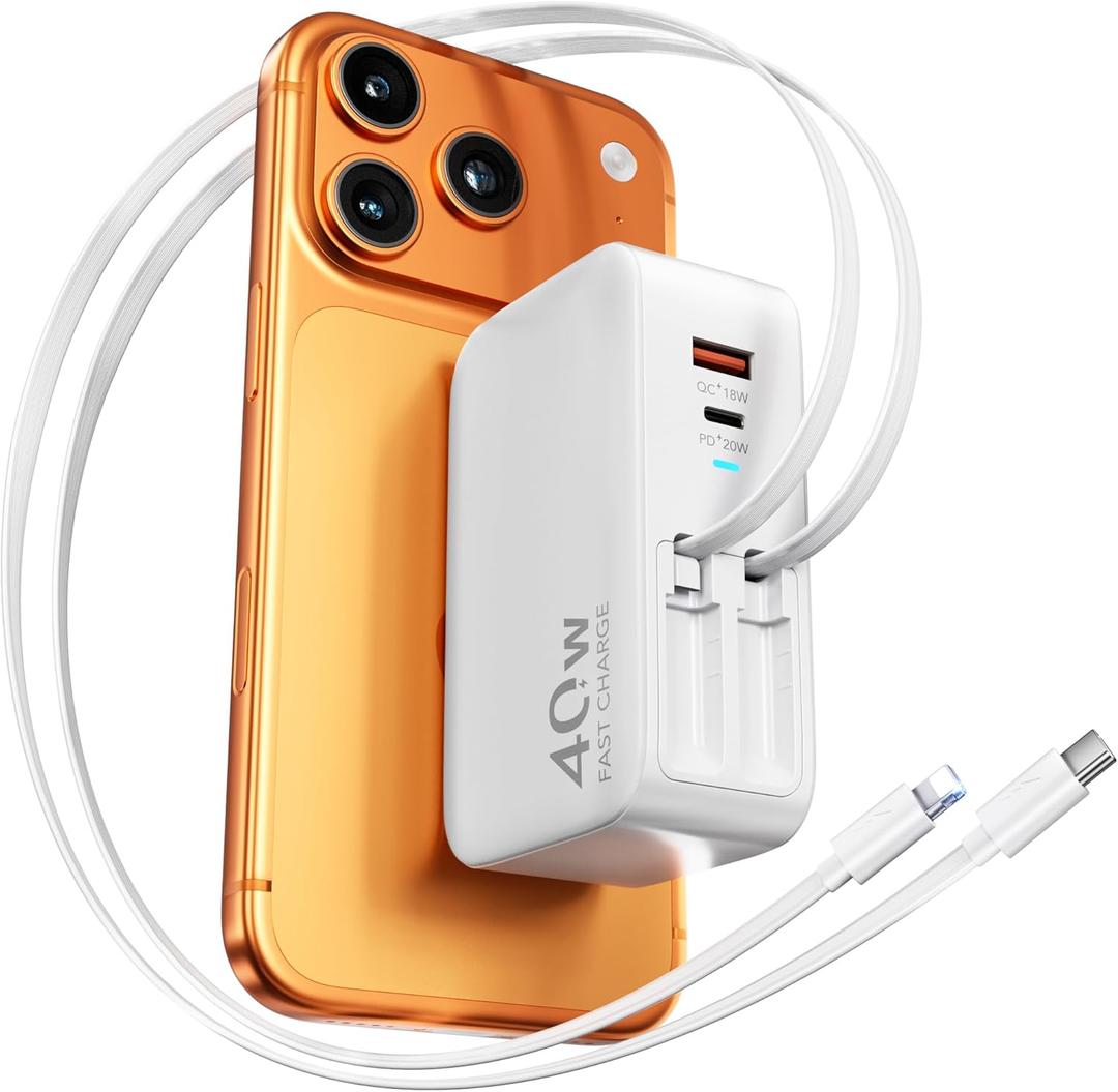 4 in 1 Retractable Wall Charger for iPhone 17,Retractable Phone Charger Wall Plug,Travel Essentials Retractable Charger for iPhone 17 Pro Max/17 Pro/17 Air/16/15/14/13/12,Galaxy S26,Pixel 10,iPad (Cord for Apple+Type C-White)