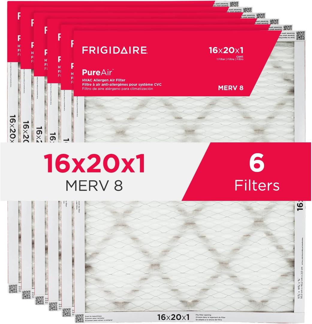 Frigidaire PureAir 20x25x1 MERV 8 Allergen Electrostatic Pleated Air Conditioner HVAC AC Furnace Filters - 6 Pack (exact dimensions 15.81 X 19.81 X 0.81)