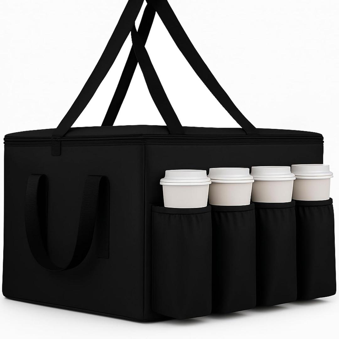 musbus 1Insulated Food Delivery Bag with Cup Holders/Drink Carriers Premium XXL, Great for Beverages, Grocery, Pizza, Commercial Quality Hot & Cold, Black (014) (24W x 15H x 14D)