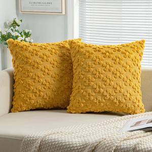 EMEMA Pack of 2 Decorative Throw Pillow Covers 20x20 Inch Soft Plush Faux Wool Couch Pillow Covers Sun Flower Pillowcase Cushion Case Square for Home Decor, Sofa Bed Living Room, Gold