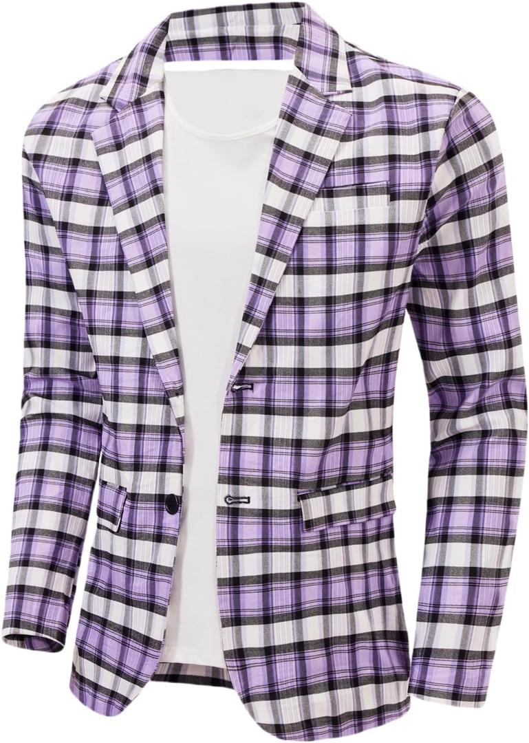 NOVOCCT Men's Plaid Slim Fit Blazer Jacket, Lightweight 2-Button Casual Sport Coat, Formal & Everyday Blazer for Men, S, Purple Light 