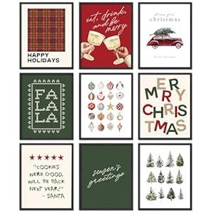 Uniro Christmas Wall Art Prints, Minimalist Boho Xmas Aesthetic Poster for Room Decor, Trendy Holiday Christmas Poster for Xmas, Pine Tree Cheers Winter Christmas Artwork Painting, Winter Gallery Print for Vintage Christmas Decor ( Sef of 9, 8"x10" - UNF