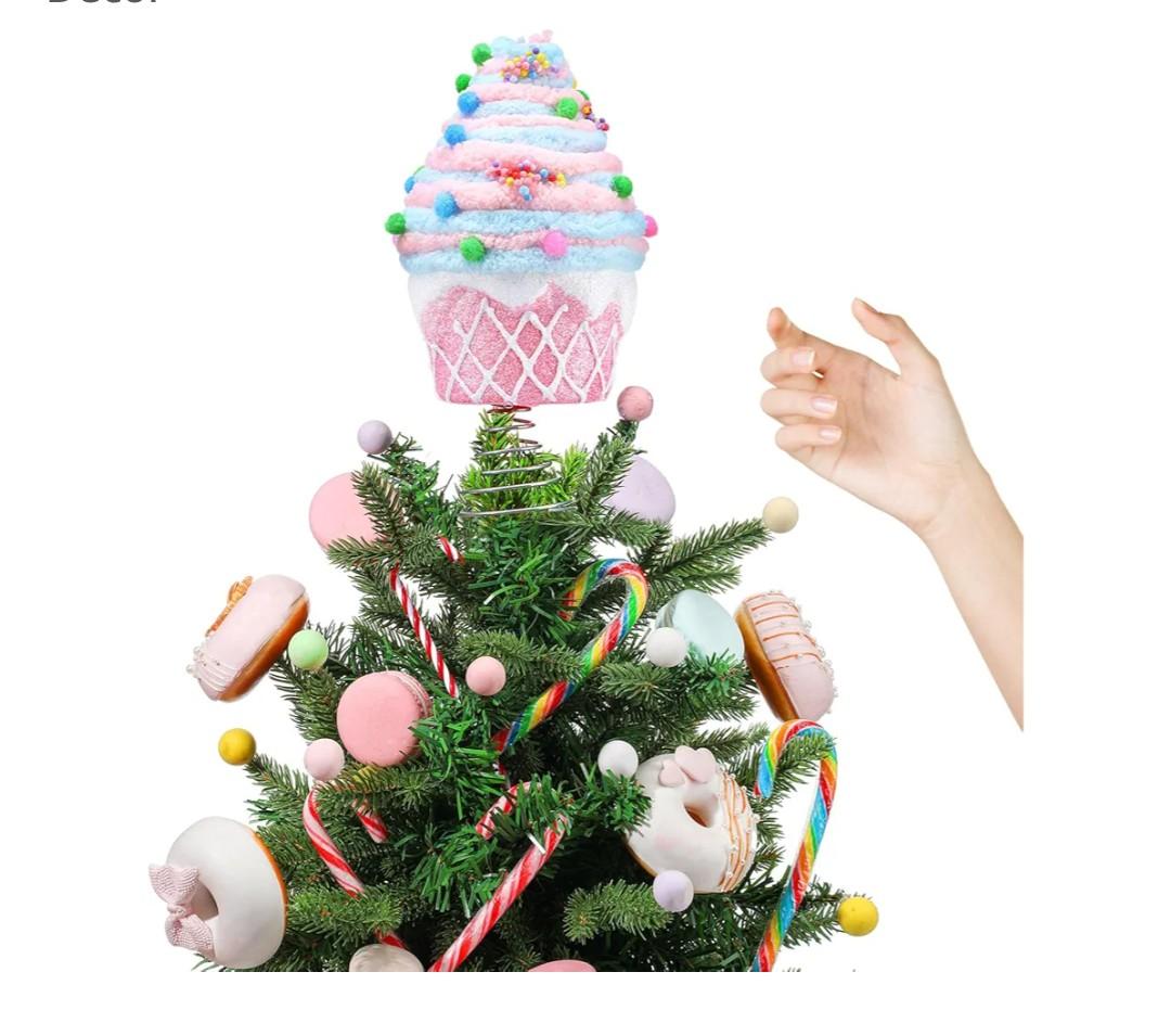 Retisee 7.9 Inch Pastel Dessert Christmas Tree Topper Pink Cupcake Tree Topper Candy Donut Christmas Tree Decoration Pastel Christmas Ornaments for Christmas New Year Birthday Party Decor