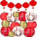 22Pack Hibach Party Decorations Chinese Japanese Paper Lanterns Cherry Blossom Red Gold Paper Lantern 12in 10in 8in 6in for Asian Theme Birthday Home Restaurant Wedding Party New Year Decorations