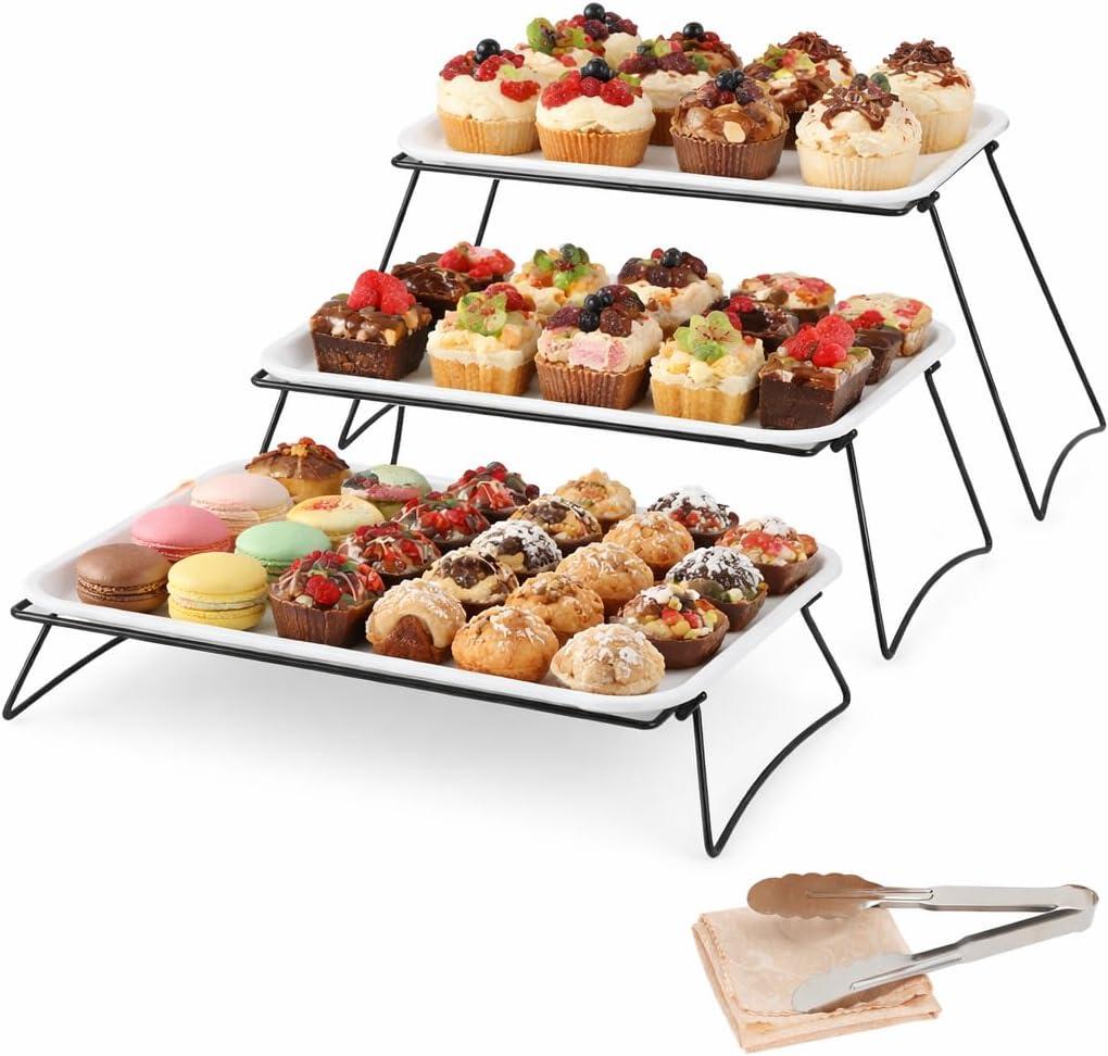 Extra Large 3 Tier Serving Tray Set, 35.43" x 16.14" x 10" Cupcake, Fruit, Cookie, and Dessert Display Stand — White Melamine Tiered Platters for Parties, Buffets & Events