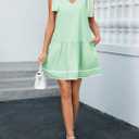 Wenrine Womens Summer V Neck Mini Dress Tie Shoulder Sleeveless Contrast Loose Casual Beach Dresses (Green)