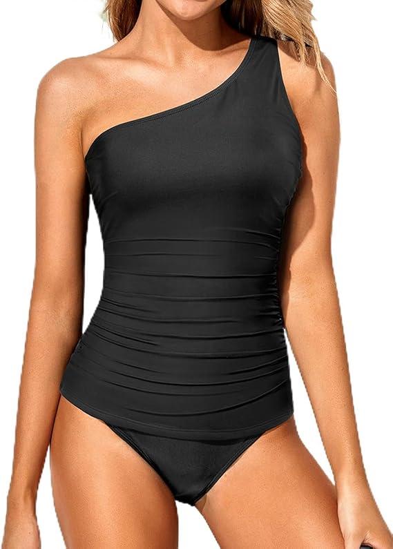 Tempt Me Two Piece Tankini Set Swimsuits for Women Tummy Control Bathing Suit One Shoulder Swimwear with Bikini Bottoms, XXL