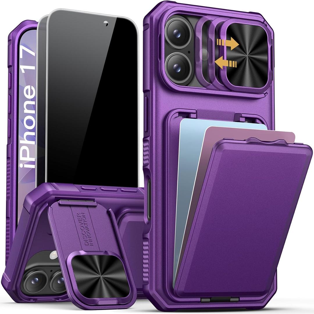 SSLOTSCASE for iPhone 17 Case with 2X Privacy Screen Protector, Credit Card Holder & Camera Cover Stand & Slide Lens Cover & Wallet, Drop Proof Rugged Sturdy Case Cover for iPhone 17 2025, Dark Purple