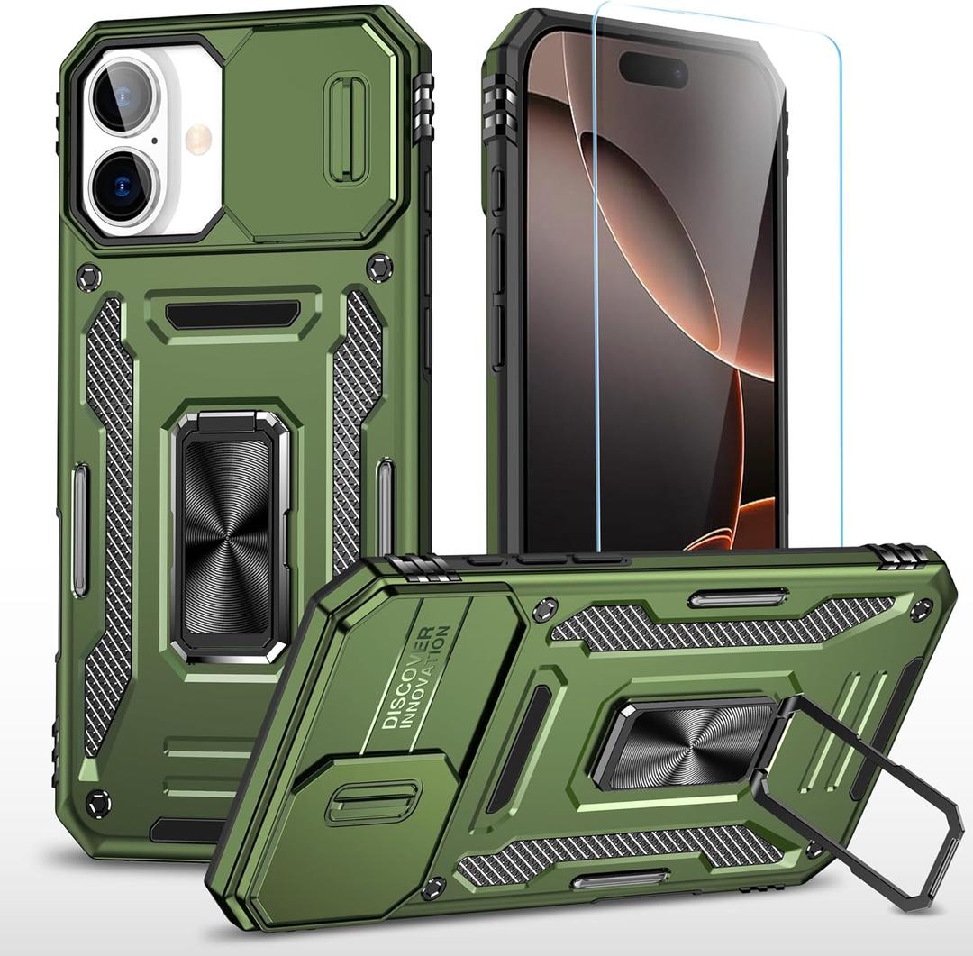 SunStory Phone Case for iPhone 16 Case with HD Screen Protector & Slide Camera Cover & Rotated Ring Kickstand, [Military-Grade] Phone Case for iPhone 16 6.1" (Z_OliveGreen)
