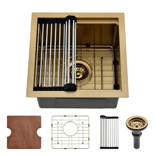 PEPO Gold Bar Sink - 15 x 15 Undermount Sink Gold Mini 16 Guage Stainless Steel Small Sinks RV Kitchen Workstation with Cutting Board & Drain Assembly