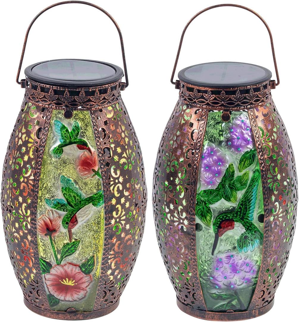 Outdoor Solar Lantern-Waterproof Hummingbird Hanging Metal Decorative Lights for Patio Table Garden Pathway Yard with Super Bright Warm White LED, Large Solar Panels, Auto On/Off Sensor