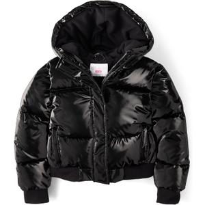 The Children's Place Girls' Water and Wind Resistant Hooded Zip Front Bomber Puffer Jacket (Black, S)
